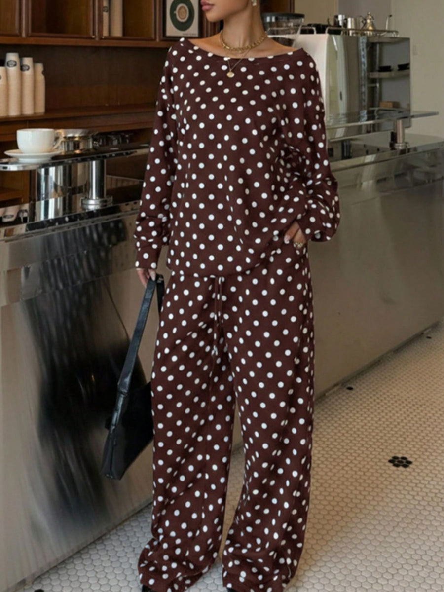 Polka Dot Long Sleeve Top And Pants Set in Navy Blue