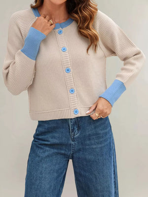 beige cardigan with color-block and round neck