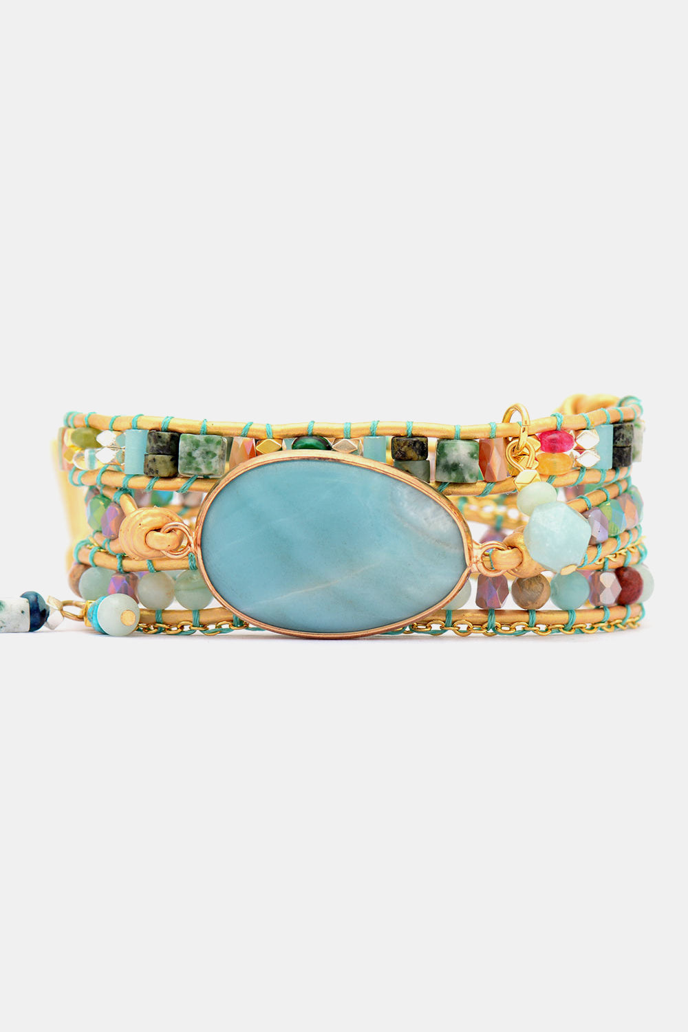 Aqua amazonite and beaded wrap bracelet with gold chain and leather cord.
