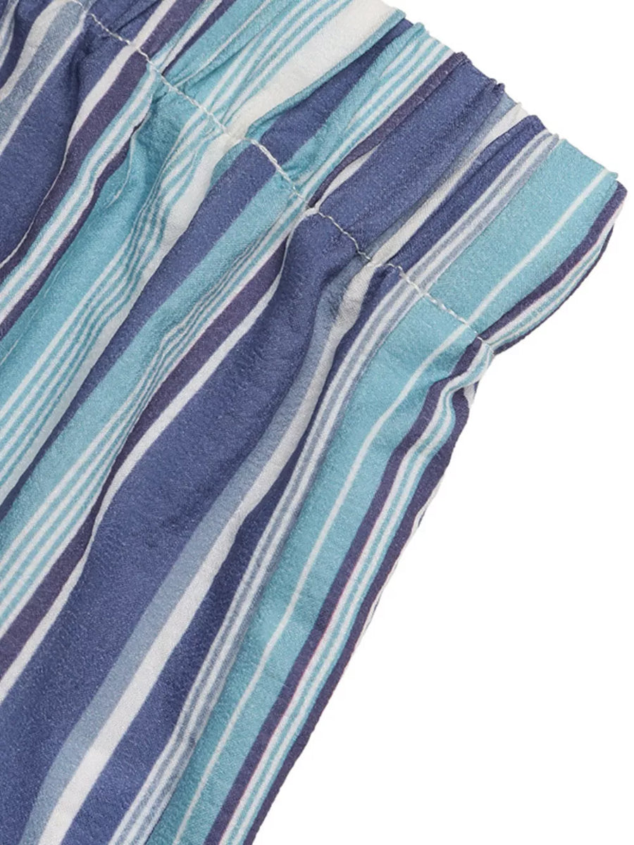 Lively striped drawstring wide-leg pants in blue and white with a comfortable elastic waistband.
