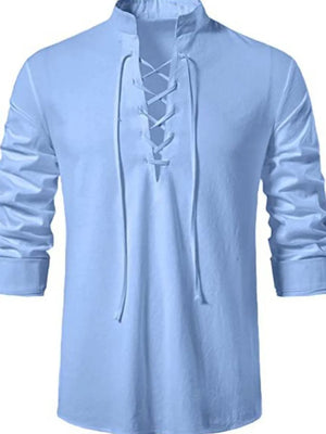 Light blue linen shirt with mandarin collar and lace-up neckline.