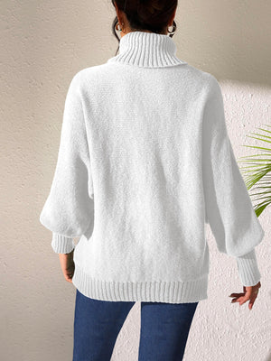 White balloon sleeve turtleneck sweater with ribbed cuffs and hem