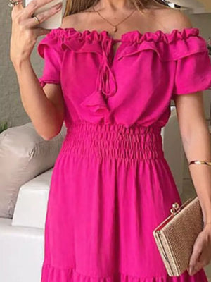 romantic maxi dress in Rose Red with off-shoulder
