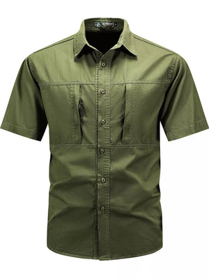 Moss green cotton short sleeve button-down shirt with dual utility chest pockets