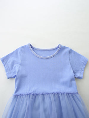 Baby blue tulle dress with short sleeves and ruffled waist detail.