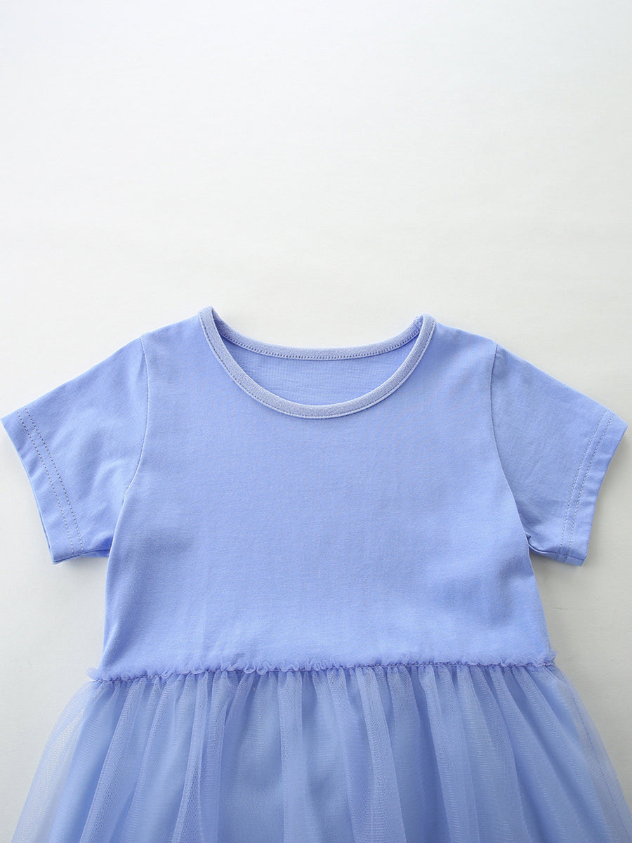 Baby blue tulle dress with short sleeves and ruffled waist detail.