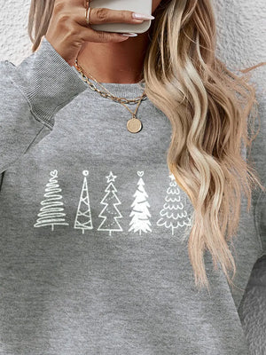 Grey oversized sweatshirt with white festive tree line graphic print.