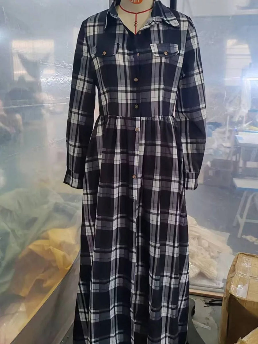 shirt dress in Black with plaid and buttoned