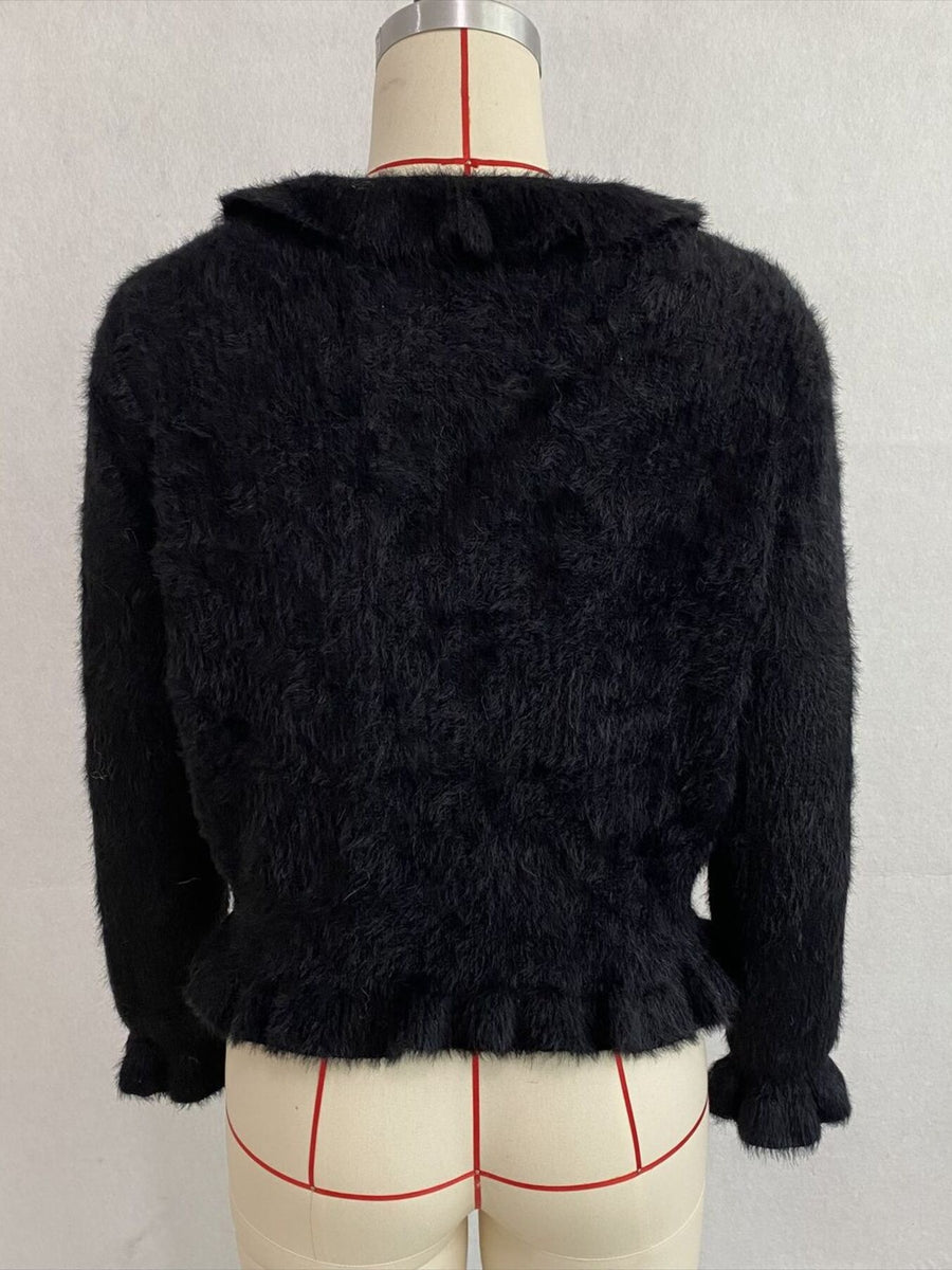 Soft Fuzzy Cardigan With Ruffled Collar in Khaki Color