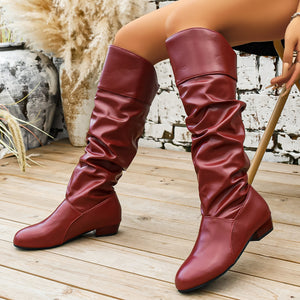 Ruched Knee-High Low Block Heel Boots in Black with ruched