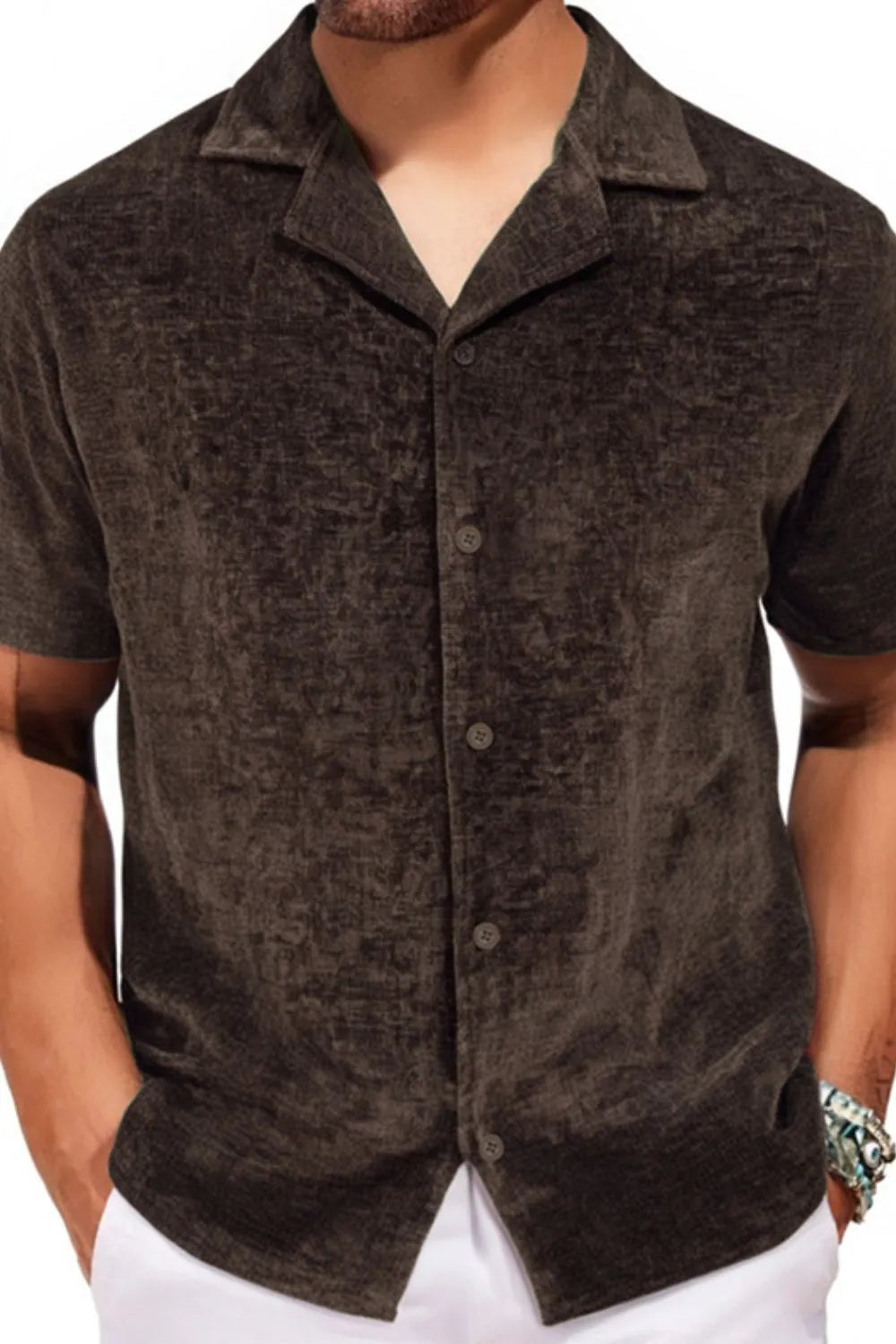 Textured velour camp collar shirt in coffee brown with button front and short sleeves.