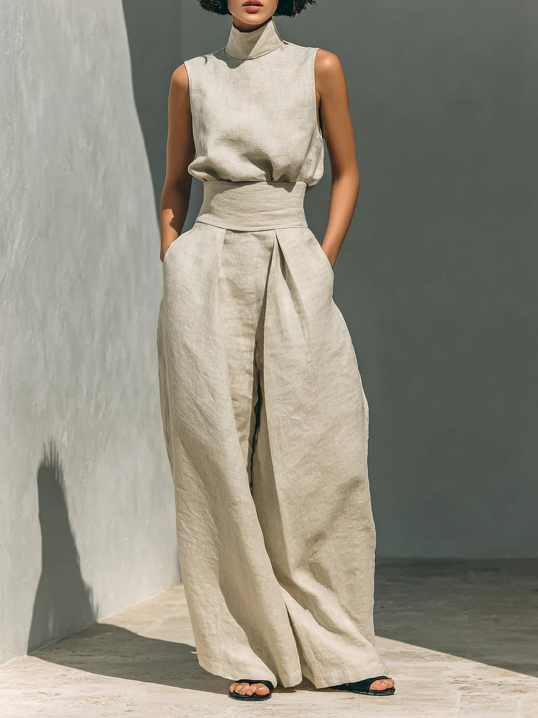 Sleeveless mock-neck ivory linen top and wide-leg pants set with belted waist