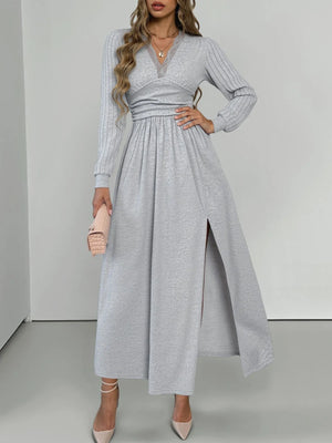 Light gray lace detail V-neck maxi dress with long sleeves and a high slit.