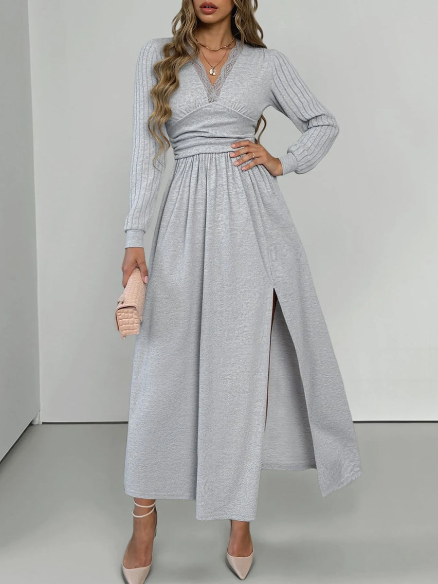 Light gray lace detail V-neck maxi dress with long sleeves and a high slit.