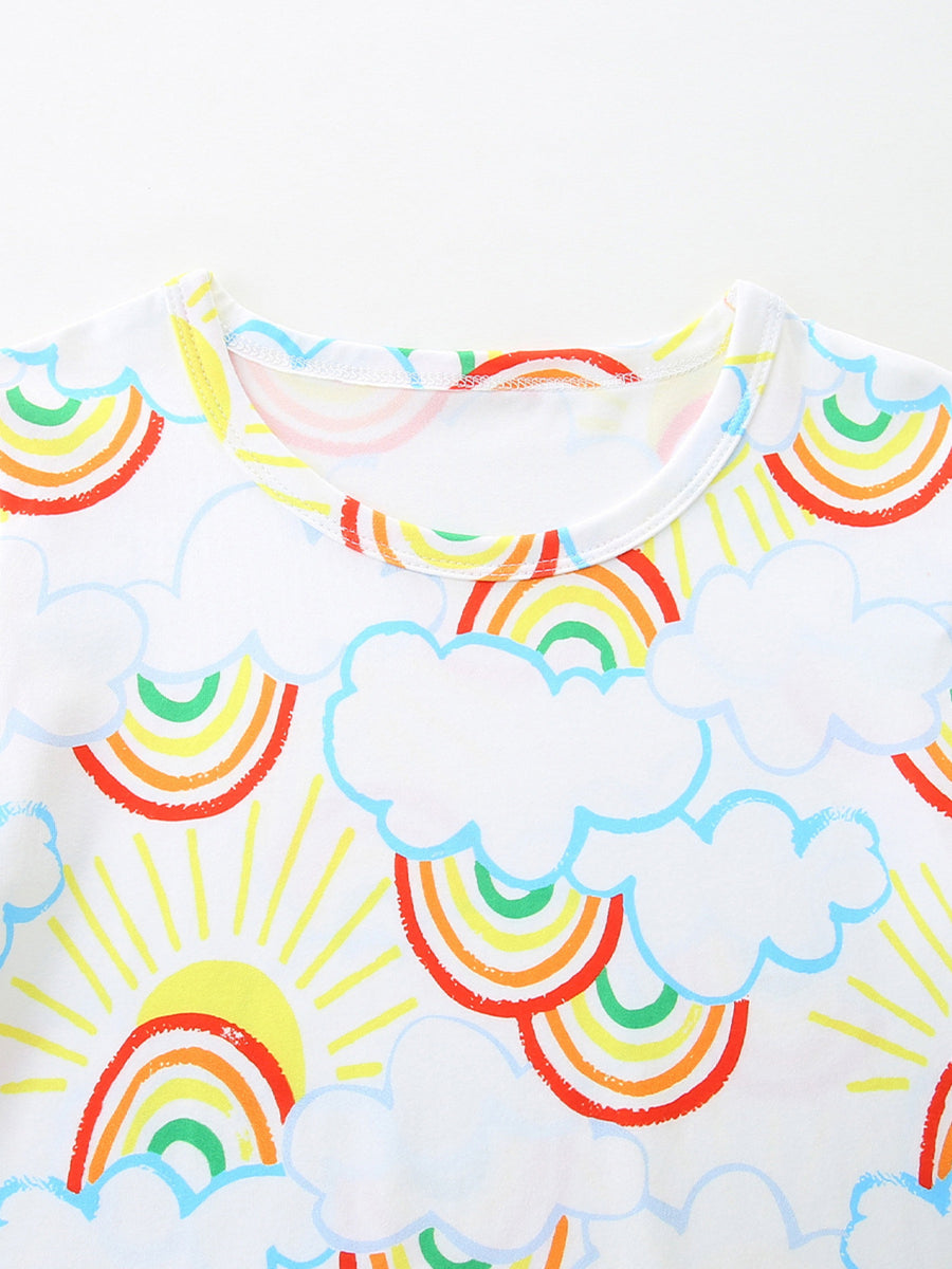 Toddler underwear with a white background and a cheerful rainbow cloud and sun print.