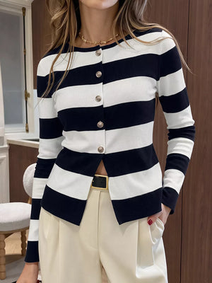 black cardigan with striped and round neck