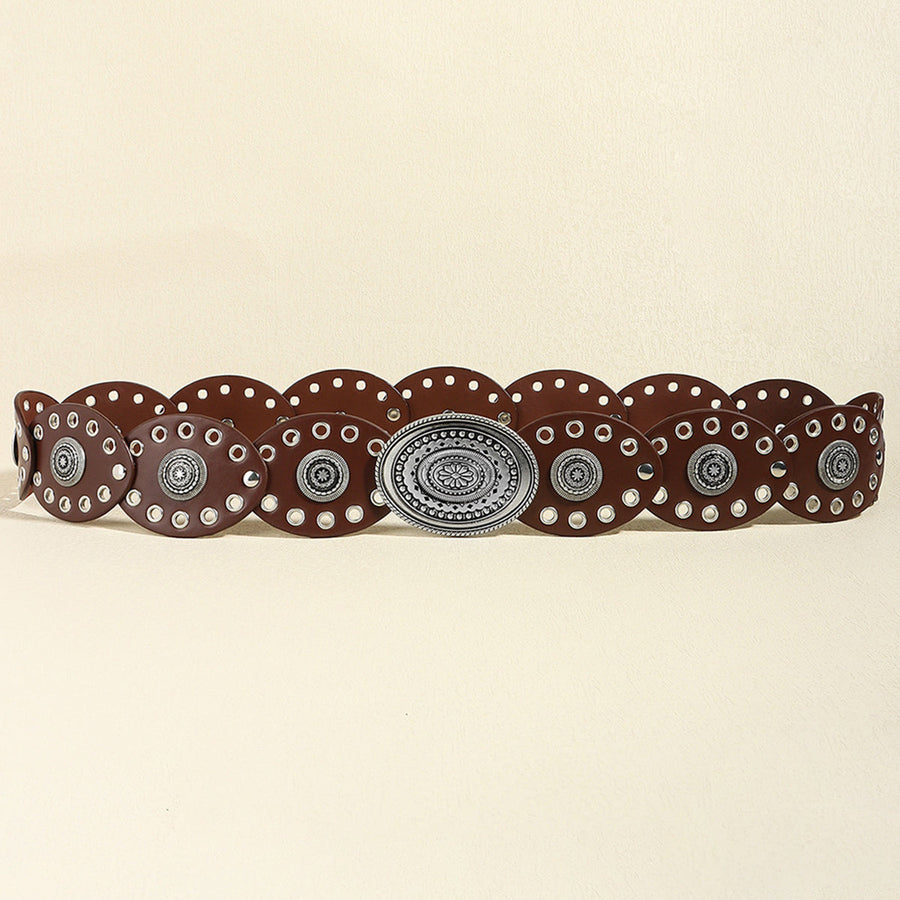 Dark brown leather belt with eyelet and antique silver oval buckle detail