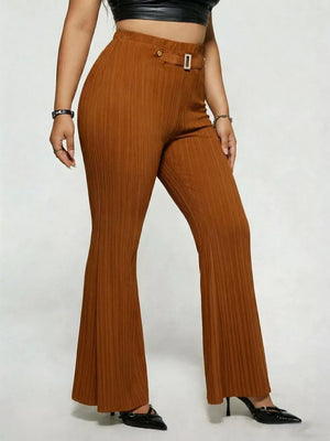 Caramel ribbed high-waist flare maternity trousers with buckle detail.