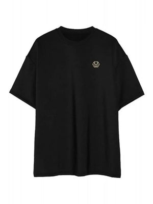 Black oversized t-shirt with a minimalist emblem on the left chest.