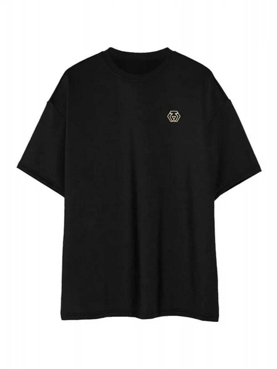 Black oversized t-shirt with a minimalist emblem on the left chest.