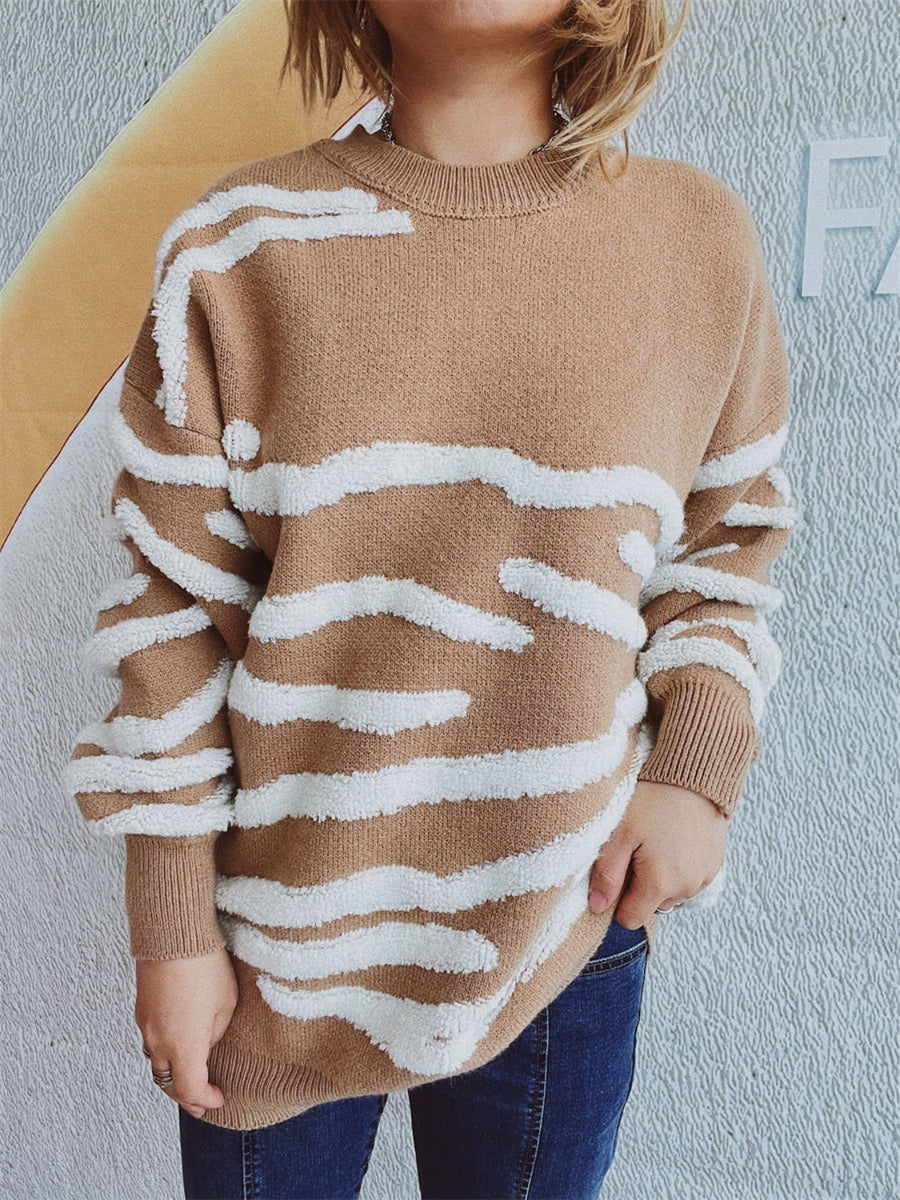 Textured stripe knit crewneck sweater in Black