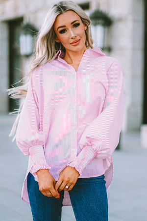 Blush pink pinstripe blouse with balloon sleeves and smocked cuffs.