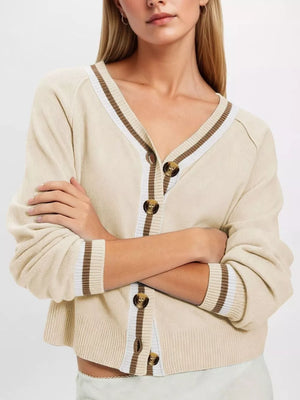 cream cardigan with striped and v-neck