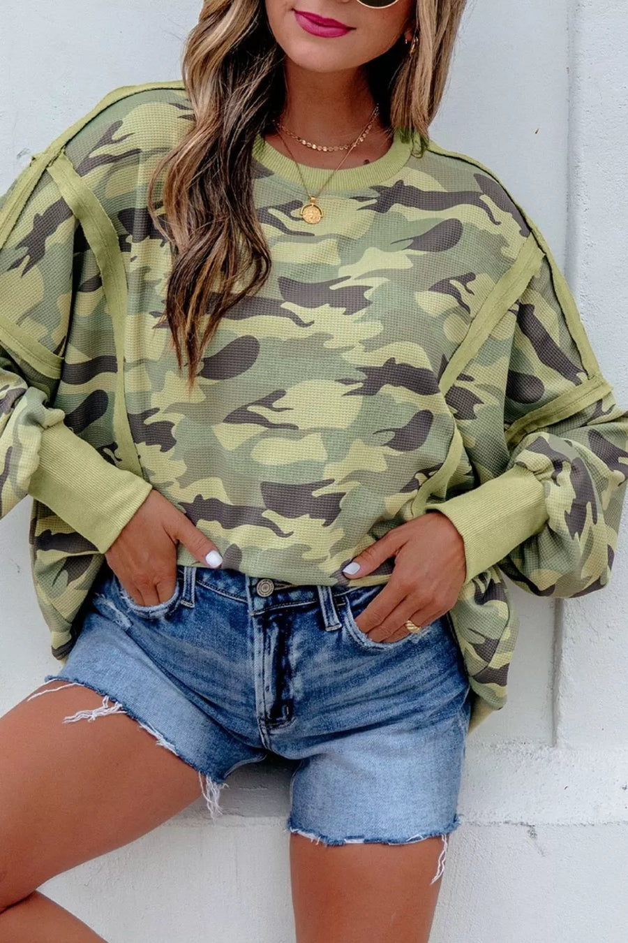 Camouflage Waffle Knit Oversized Sweatshirt option 6