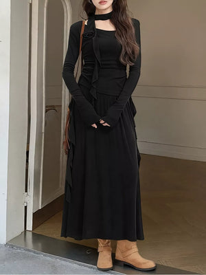 Khaki with Ruffled Long Sleeve Knit Top And Maxi Skirt Set in Khaki