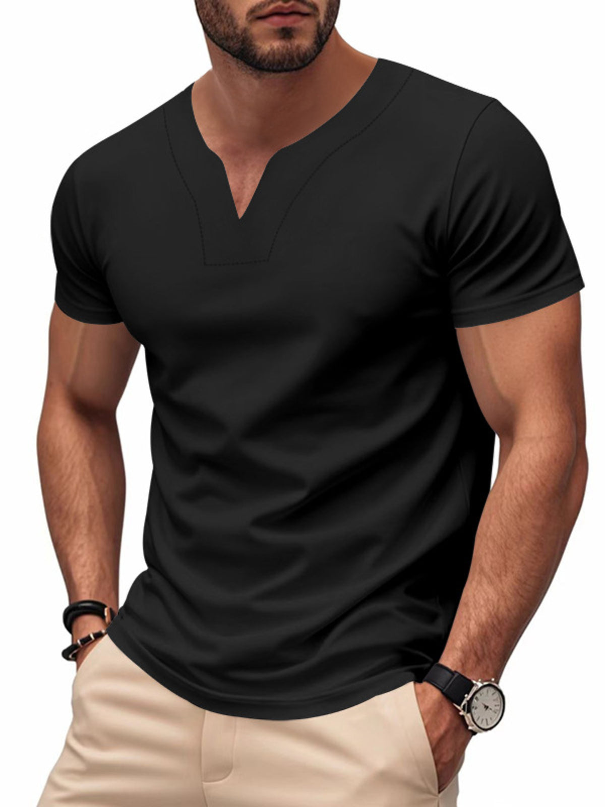 Black cotton t-shirt with notched V-neck and short sleeves.