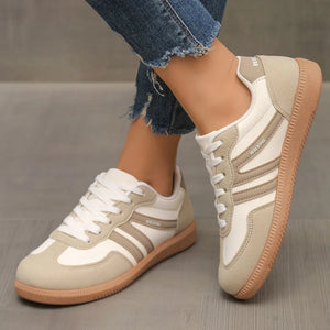 Retro stripe walking sneakers in eggshell with tan accents and gum sole.