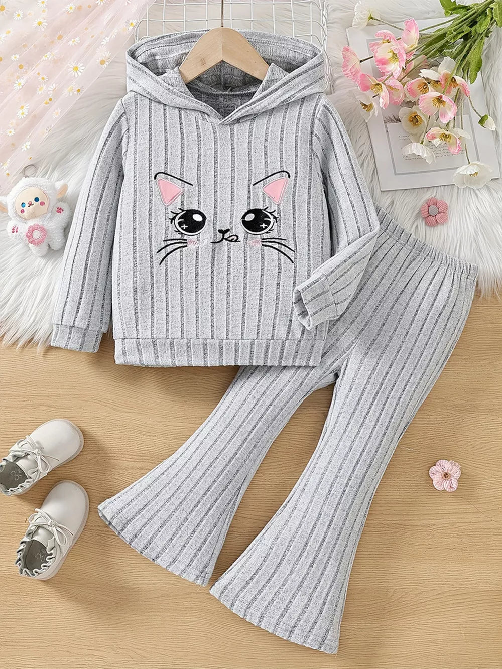 Light Gray Children's Ribbed Knit Hooded Top And Pants Set