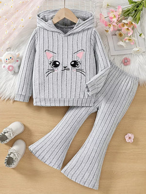 Light Gray Children's Ribbed Knit Hooded Top And Pants Set