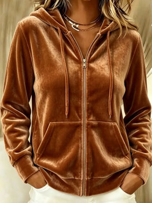 Burgundy zip hoodie with hip-length and zip-front