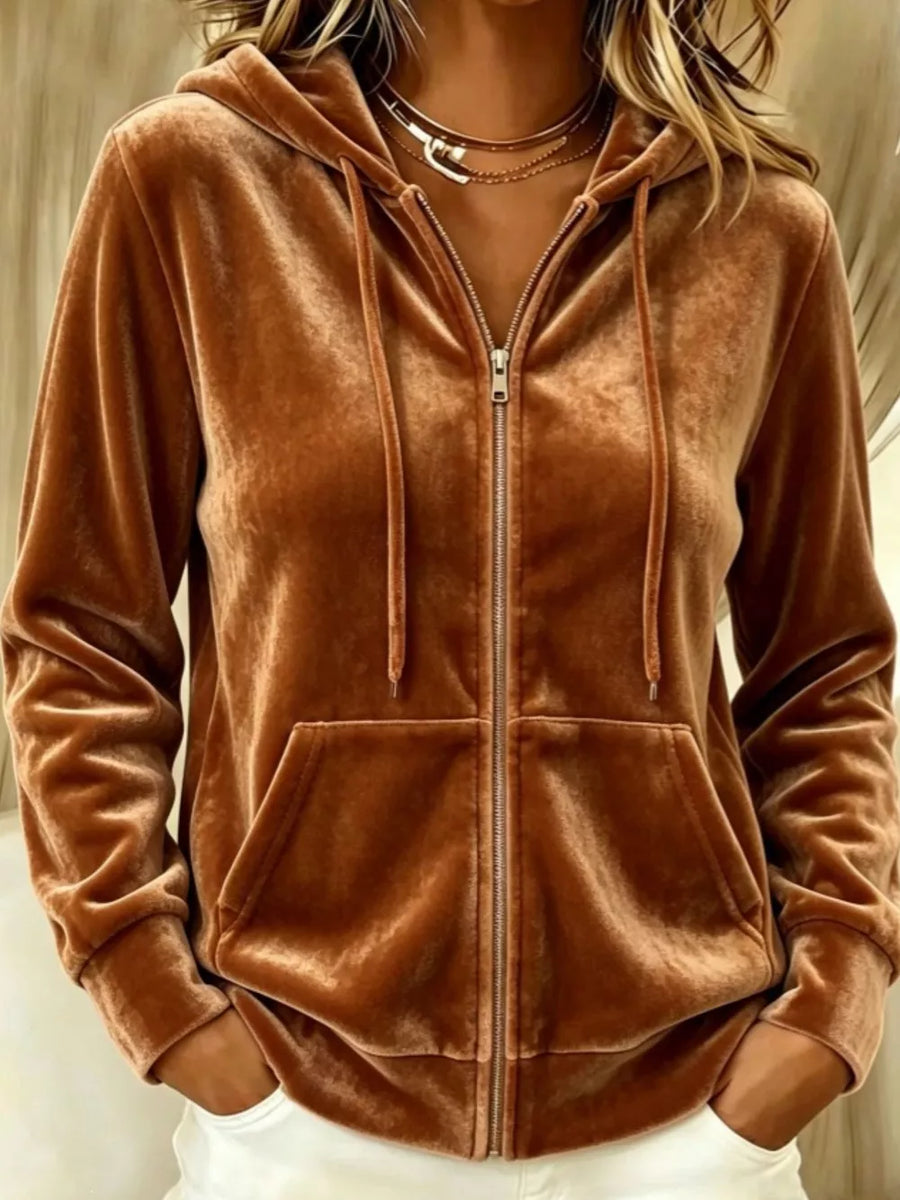 Burgundy zip hoodie with hip-length and zip-front