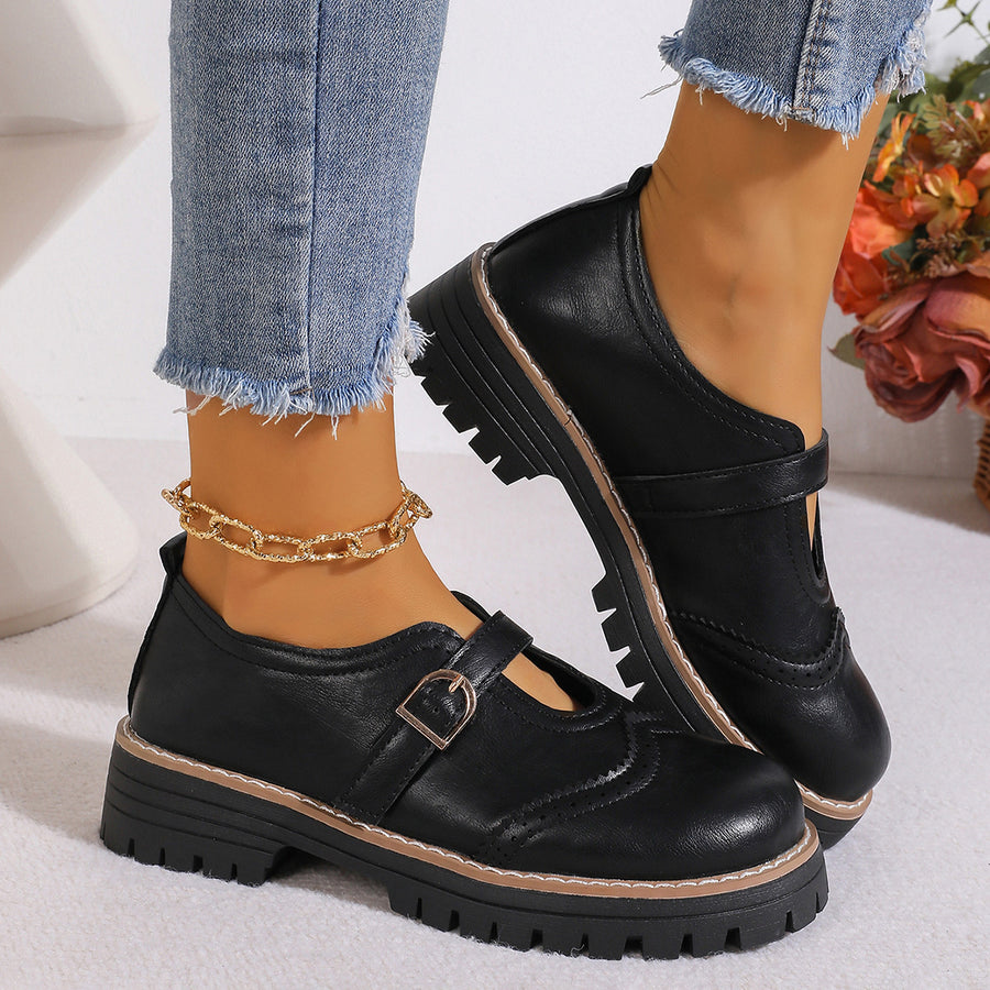 Buckle Round Toe Platform Loafers in dark brown with round toe