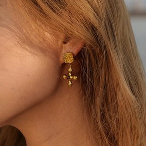 Textured cross drop earrings in 18K gold-plated metal with a square stud top.