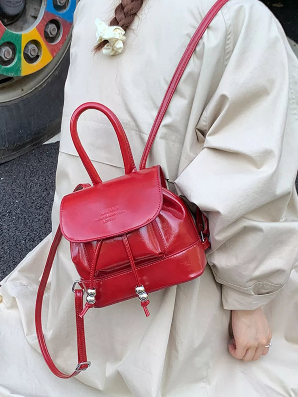 Pu Leather Mini Backpack Bag in Red