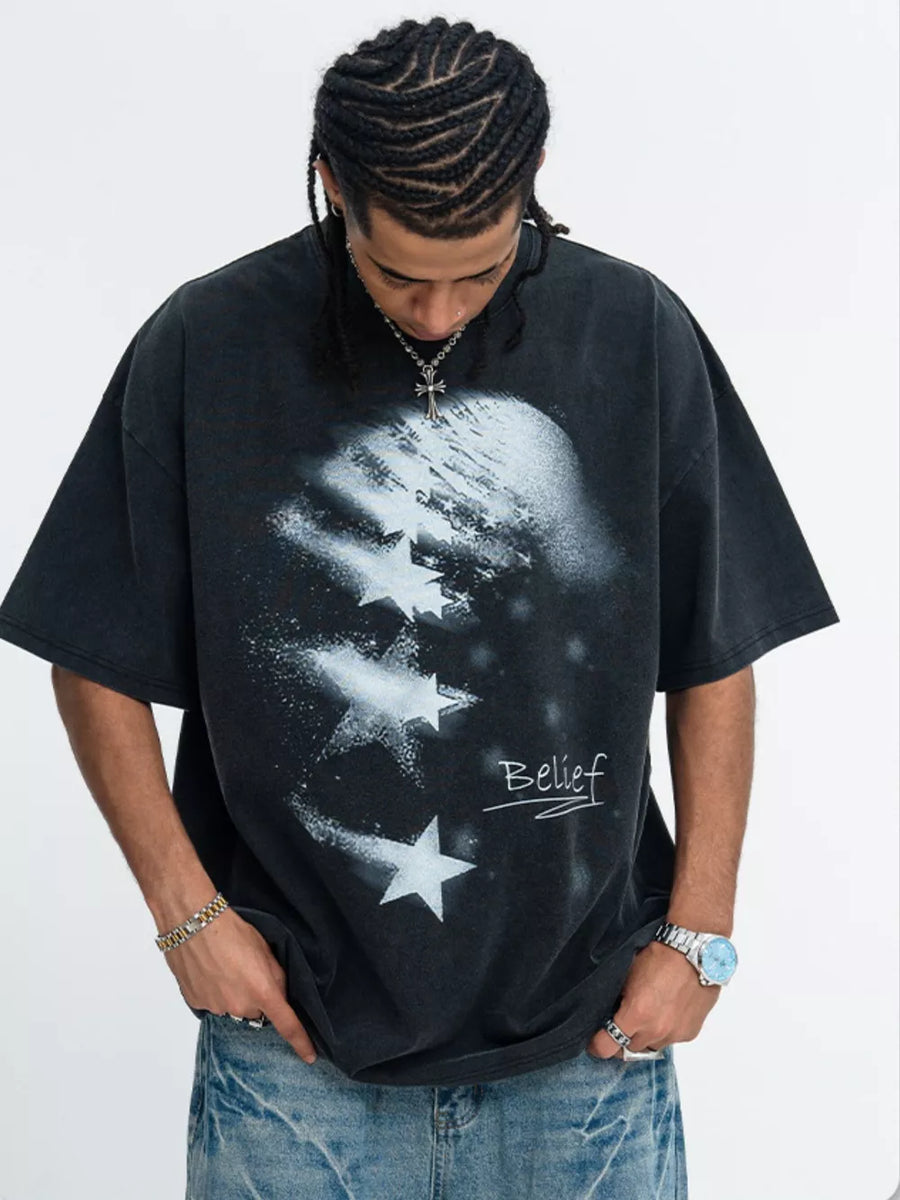 Men's charcoal graphic t-shirt with star print and round neck.