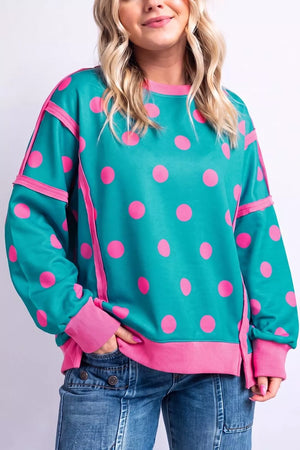 teal sweatshirt with polka-dot and crew neck