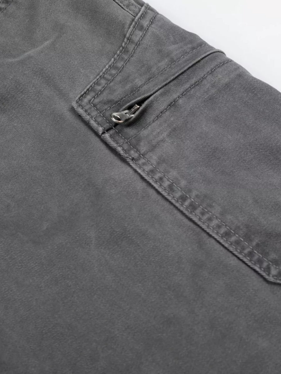 Men's gray cotton cargo capris with zippered pocket detail