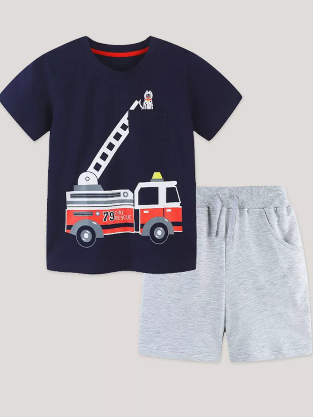 Navy cotton t-shirt with fire truck graphic and grey shorts set for boys