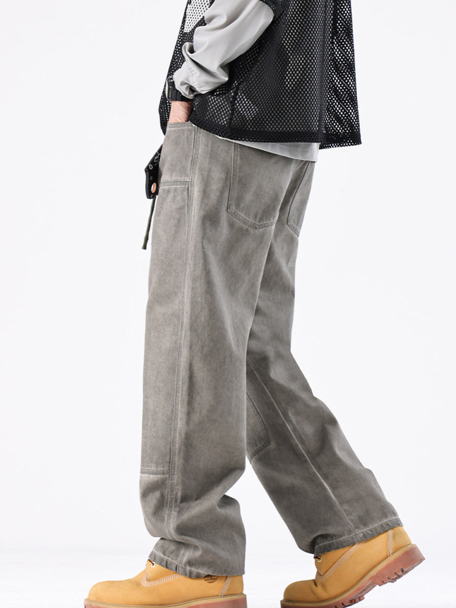 Men's vintage wash wide-leg jeans in grey cotton with a relaxed fit.