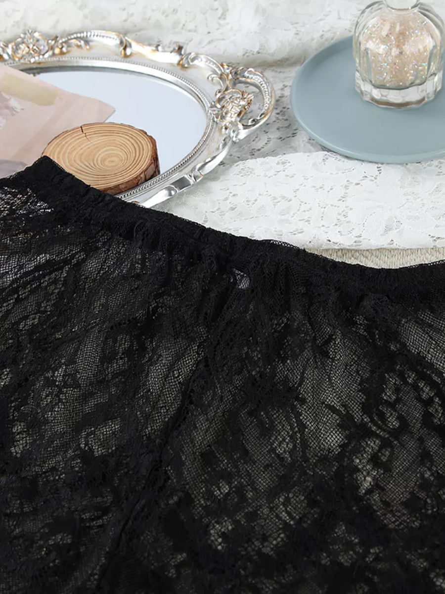 Lace Tube Top Cardigan & Shorts Lounge Set in Black with lace