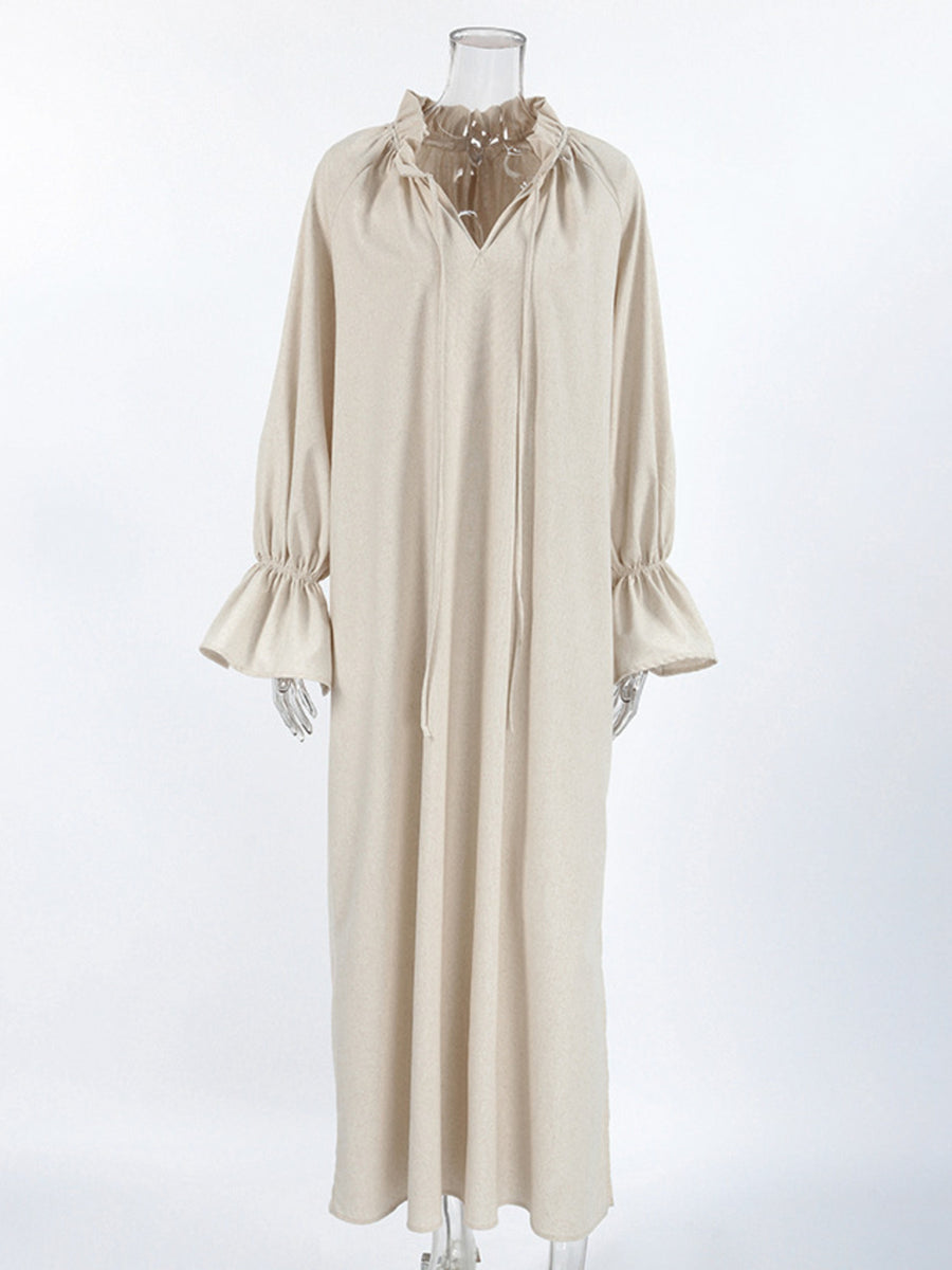 Beige cotton maxi dress with tie neck and ruffled cuffs
