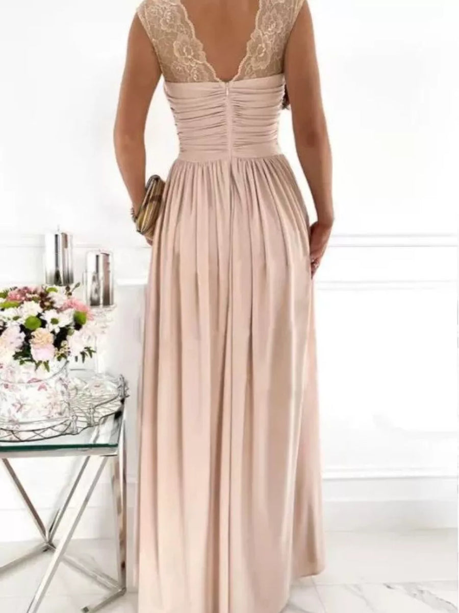 Elegant dusty pink maxi dress with lace neckline and ruched bodice