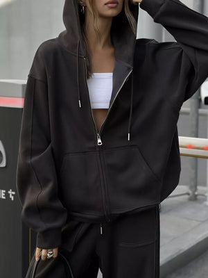 Black with Oversized Zip-up Hoodie And Wide-leg Pants Set in Black