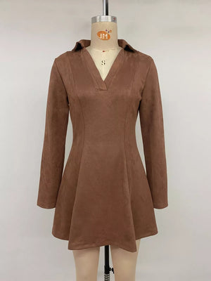 Brown faux suede collared V-neck long sleeve A-line mini dress