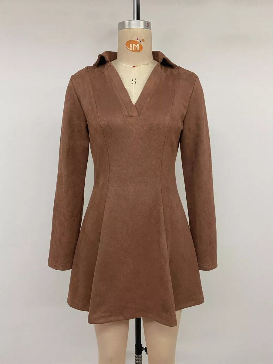 Brown faux suede collared V-neck long sleeve A-line mini dress