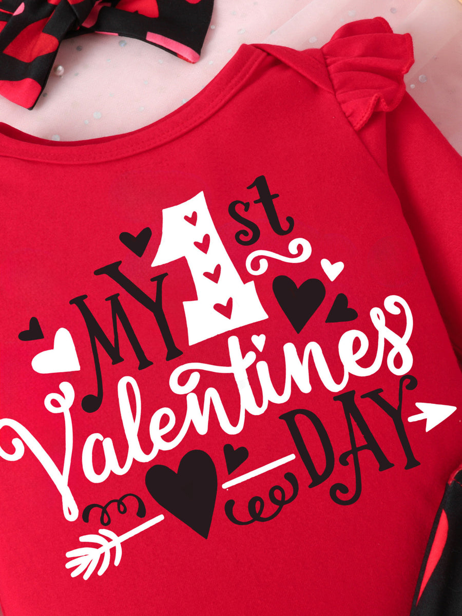 Red baby set with My 1st Valentines Day graphic and ruffled sleeves.
